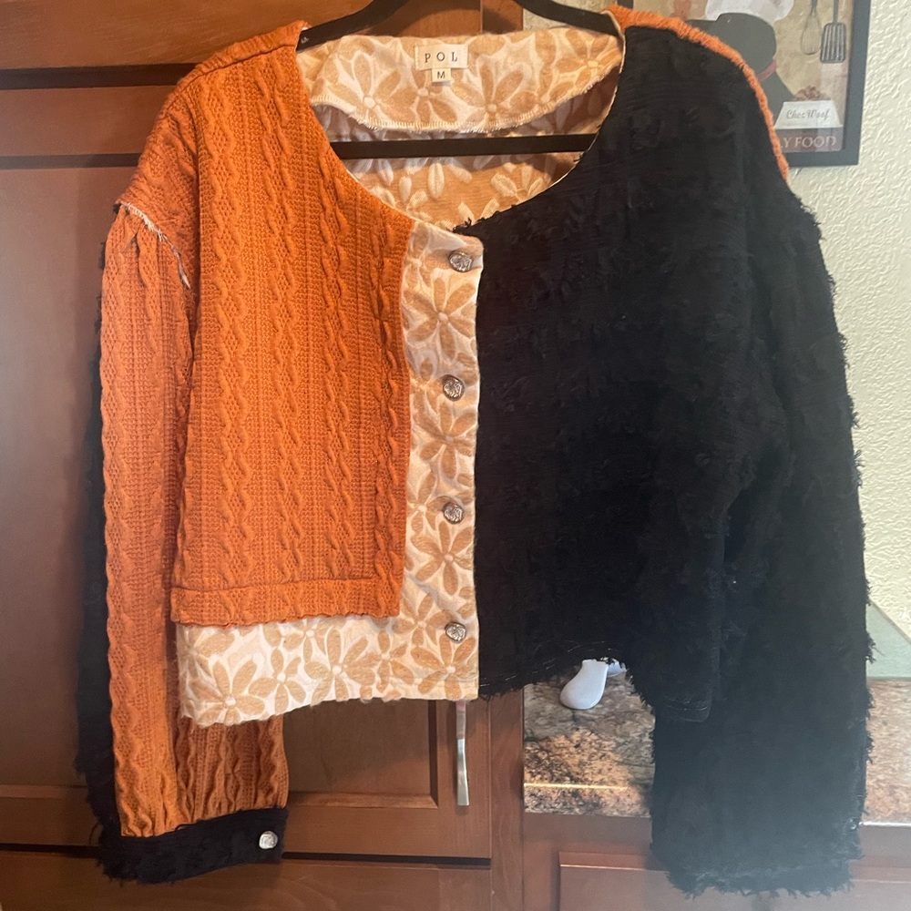 POL Patchwork Cardigan - Orange, Black, and Cream